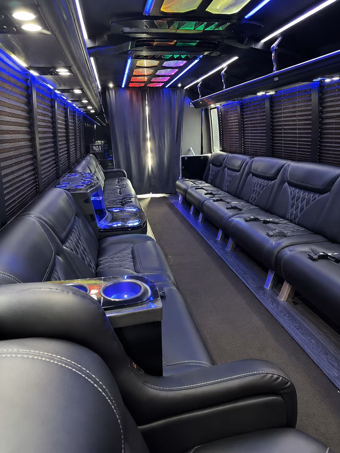 Passenger seating aboard a party bus rental serving Glendale